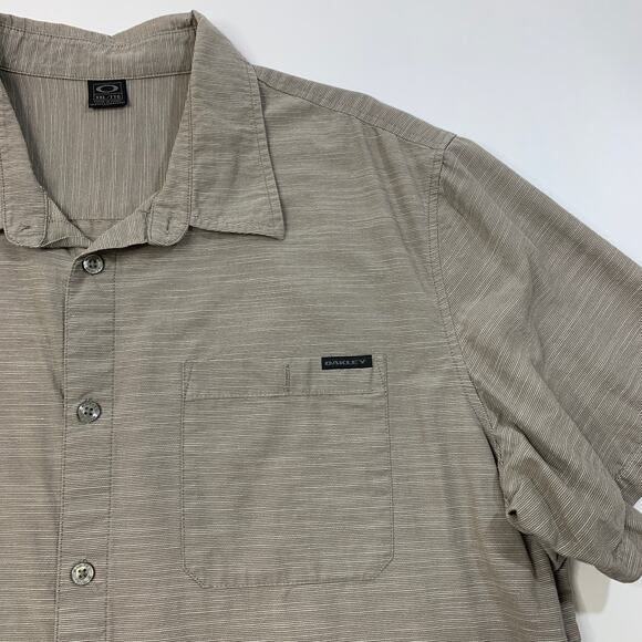 Oakley Shirt Mens XXL Grey Tan Pinstripe Short Sleeve Button Up Cotton Pocket - Picture 3 of 10